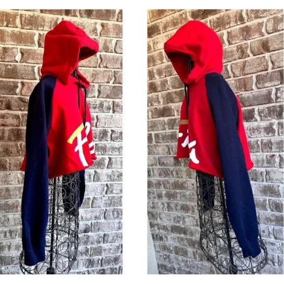 NWOT Fila Cropped Hoodie Large Red Navy Drawstring Logo Fleece Lined Swe… - Picture 4 of 12